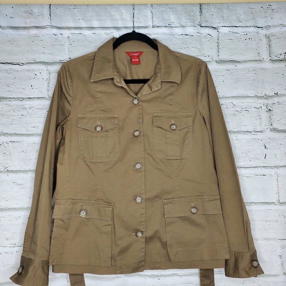 Sundance Brown Utility Jacket Womens Petite Medium Cotton Tie Waist Collared